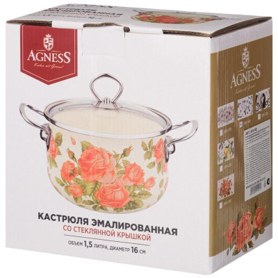 Кастрюля Agness 1.5л эмалированная со стекл. крышкой серия 'Вивьен' ARTI-M 915-145-1