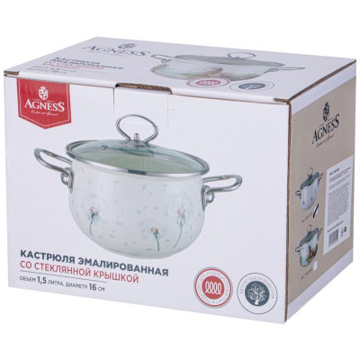 Кастрюля Agness эмалированная со стеклянной крышкой (1.5л, d16см) ARTI-M 943-055-1