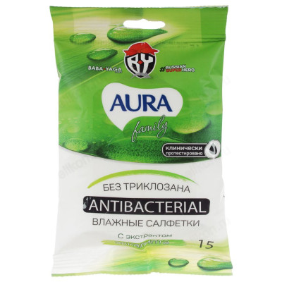 Салфетки влажные AURA brezo антибактериальные 15шт-1