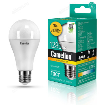 Лампа светодиодная LED E27 A60 15W 830 Camelion