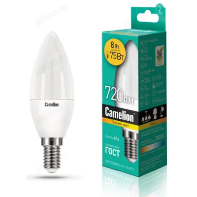 Лампа светодиодная LED E14 C35 8W 830 Camelion