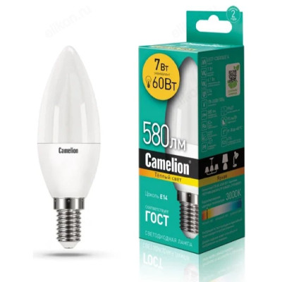 Лампа светодиодная LED E14 C35 7W 830 Camelion