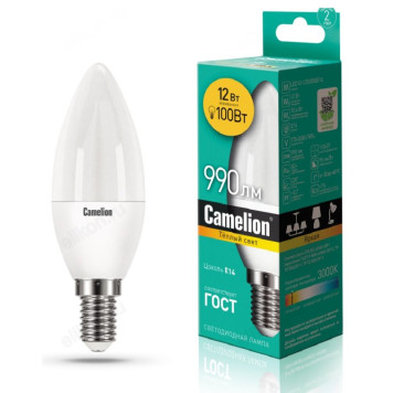 Лампа светодиодная LED E14 C35 12W 3K Camelion Свеча 830-12/14
