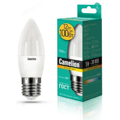 Лампа светодиодная LED E27 C35 12W 3K Camelion Свеча 830-12/27