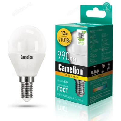 Лампа светодиодная LED E14 G45 12W 3K Camelion Шар 830