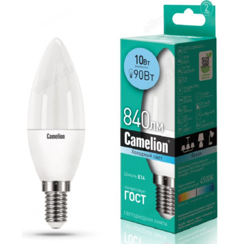 Лампа светодиодная LED E14 C35 10W 4K Camelion Свеча 845-10