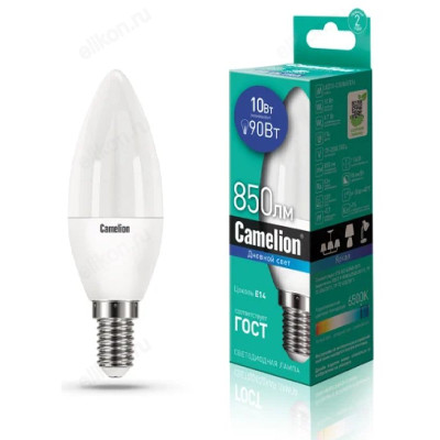 Лампа светодиодная LED E14 C35 10W 4K Camelion Свеча 865-10