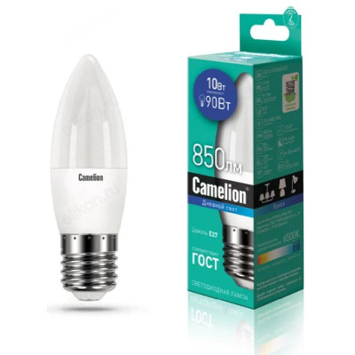 Лампа светодиодная LED E27 C35 10W 6K Camelion Свеча 865-10/27
