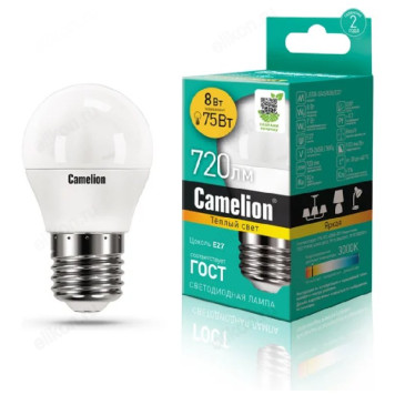 Лампа светодиодная LED E27 G45 8W 830 Camelion