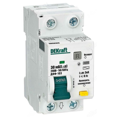 АВДТ DEKraft 1Р+N 25А 30мА тип AC х-ка C ДИФ-103 4.5кА