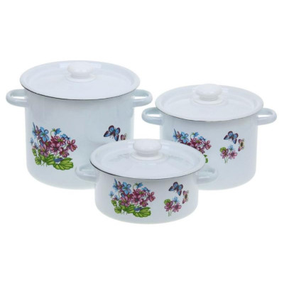 Набор кастрюль эмал (6 предметов, цилиндр) белый Фиалка ЭМАЛЬ (СИБ.ТОВАРЫ) N16B24