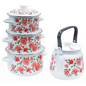 Набор кастрюль Роза плетистая цилиндр., белый эмал., деколь на крышке кастрюли ЭМАЛЬ (СИБ.ТОВАРЫ) N27B88-1