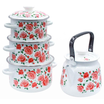 Набор кастрюль Роза плетистая цилиндр., белый эмал., деколь на крышке кастрюли ЭМАЛЬ (СИБ.ТОВАРЫ) N27B88-1