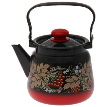 Чайник эм. 3,5л. сфер. декор. красно-черный с кнопкой ЭМАЛЬ (СИБ.ТОВАРЫ) С271638