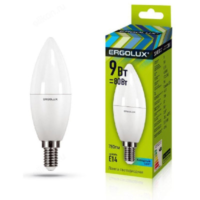 Лампа светодиодная LED E14 C35 9W 4K Ergolux Свеча 13168