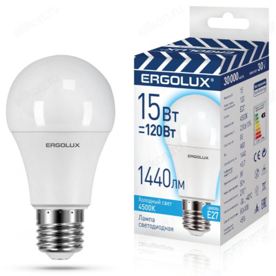 Лампа светодиодная LED E27 A60 15W 4K Ergolux  13638