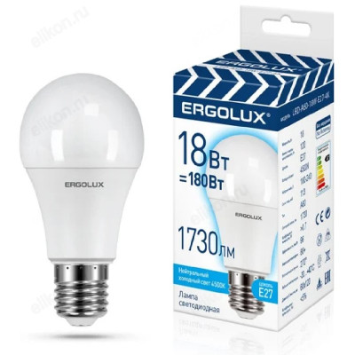 Лампа светодиодная LED E27 A60 18W 4K Ergolux 172-265В 15558