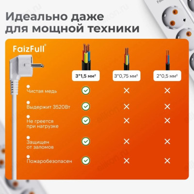 Фильтр сетевой FaizFull FU20 2M WHITE 16A 2м 6гн c/з выкл.-2