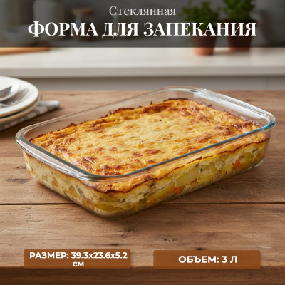 Форма для запекания стекло FELICITA 007182 3л,прямоуг/ручки