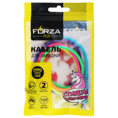 Кабель micro USB - USB 1м 2А FORZA 443-033 стикеры в комплекте, цвет радуга