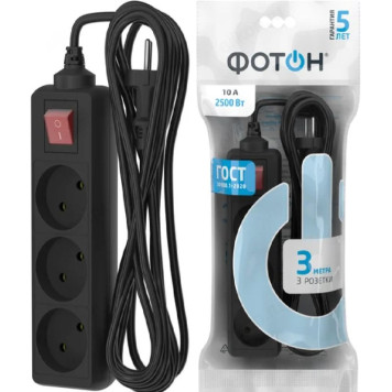 Удлинитель Фотон 10-33S 3гн/3м выкл. 24749 черный