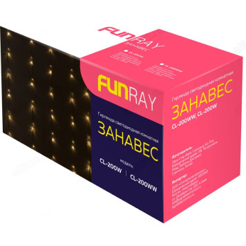 Гирлянда светодиодная Занавес CL-200WW, 2,1*1,5м, 200LED,тепл.белый, прозр. шн. 1,5м,220в, IP20, Fun-1