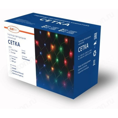 Гирлянда светодиодная Cетка ML-144B, 1.5*1.5м, 144 LED, синий,шнур 1,5м, Funray-1