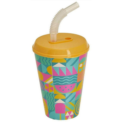 Стакан 'IZI-GO' с крышкой и трубочкой 420мл с декором (желтый) IDI LAND 222100403/01-1