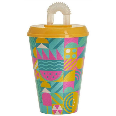 Стакан 'IZI-GO' с крышкой и трубочкой 420мл с декором (желтый) IDI LAND 222100403/01