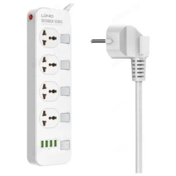 Фильтр сетевой LDNIO SC4408 2м 4 розетки EU_UK_US/ 2500W/ 4 USB/  Выключатели на розетке/ White