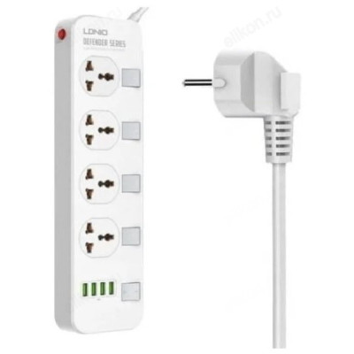Фильтр сетевой LDNIO SC4408 2м 4 розетки EU_UK_US/ 2500W/ 4 USB/  Выключатели на розетке/ White
