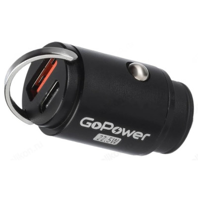 Зарядка авто GoPower GPQC12 1USB+1TYPE-C чёрный-1