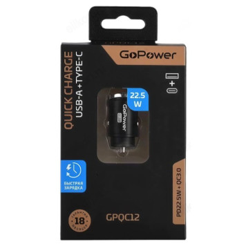 Зарядка авто GoPower GPQC12 1USB+1TYPE-C чёрный-2