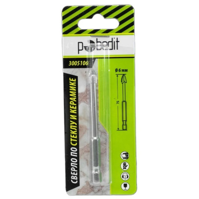 Сверло по стеклу и керамике 4-х гранное 6*75мм 3005106-1