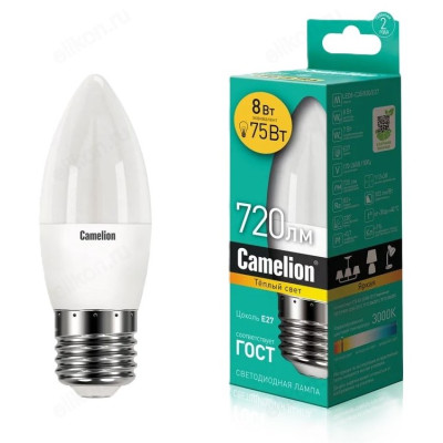 Лампа LED E27 C35 Camelion Свеча 38795 8/830/E27