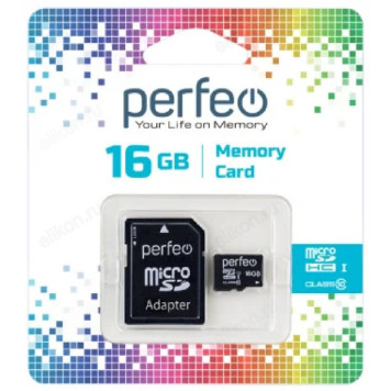 Карта MicroSD 16GB Perfeo Class 10+адаптер
