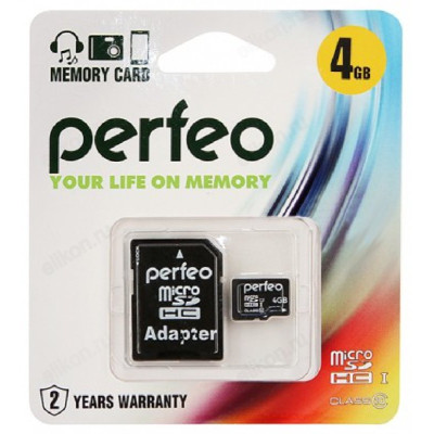 Карта MicroSD 4GB Perfeo Class 10+адаптер