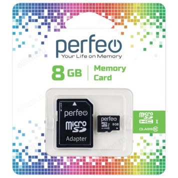 Карта MicroSD 8GB Perfeo Class10+адаптер