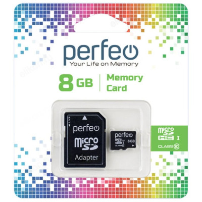Карта MicroSD 8GB Perfeo Class10+адаптер