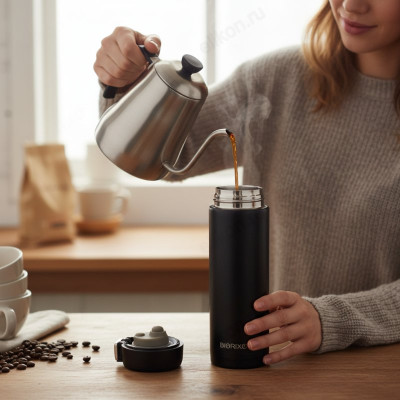 Термос металл PERFEO 0,45 л., черный (PF_C3722) с крышкой-поилкой, ситечком-5