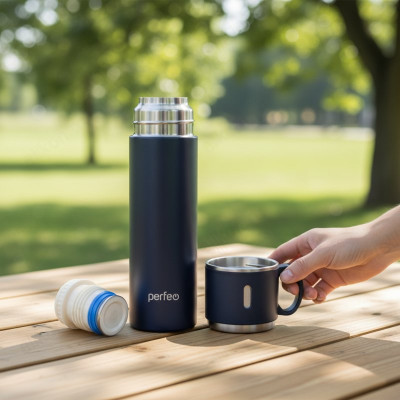 Термос металл PERFEO 0,5 л., нержавеющая сталь (PF_D0212) черный с пробкой-кнопкой-1