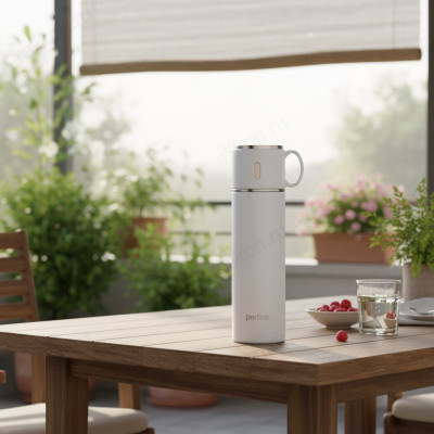 Термос металл PERFEO 0,5 л., нержавеющая сталь (PF_D0213) белый с пробкой-кнопкой-1