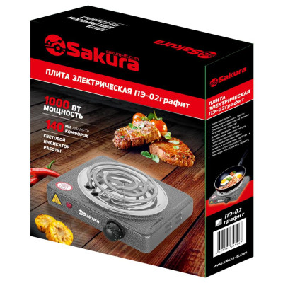 Плита SAKURA ПЭ-02 1000Вт (1 спир.конф) графит-1