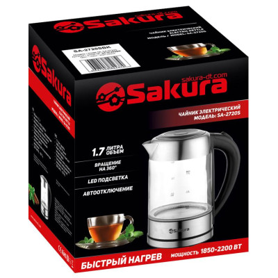Чайник электр (1.7) стекл нерж подсв SAKURA SA-2720SBK-1