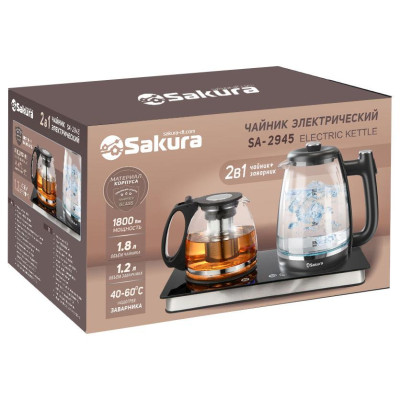 Чайник электр 2-в-1 (1.8) стекл подсв заварник 1,2л поддерж темп SAKURA SA-2945BK-1