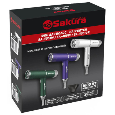 Фен электро 1600Вт 3реж хол.сушка LED подсветка SAKURA SA-4051W-1