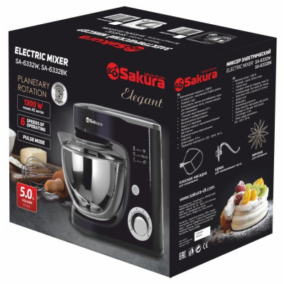 Миксер электр с чашей ELEGANT планетарный 1300Вт 5,0 л 6скор+Турбо SAKURA SA-6332BK-1