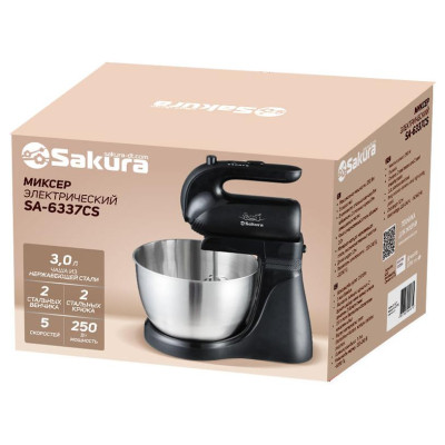 Миксер электр с чашей сталь 250Вт 5 скор SAKURA SA-6337CS-1