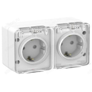Розетка наружная 2-ая с/з, со шторками SE AtlasDesign Profi54 16А, 250В, IP54, белая
