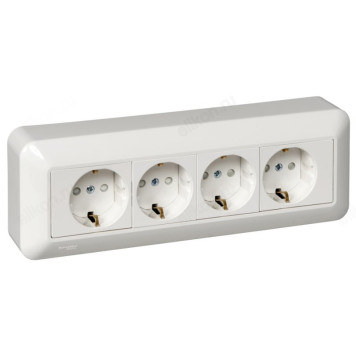 Розетка наружная 4-ая с/з, с защитными шторками SE Wessen Прима, 16А, монтажная пластина, белая